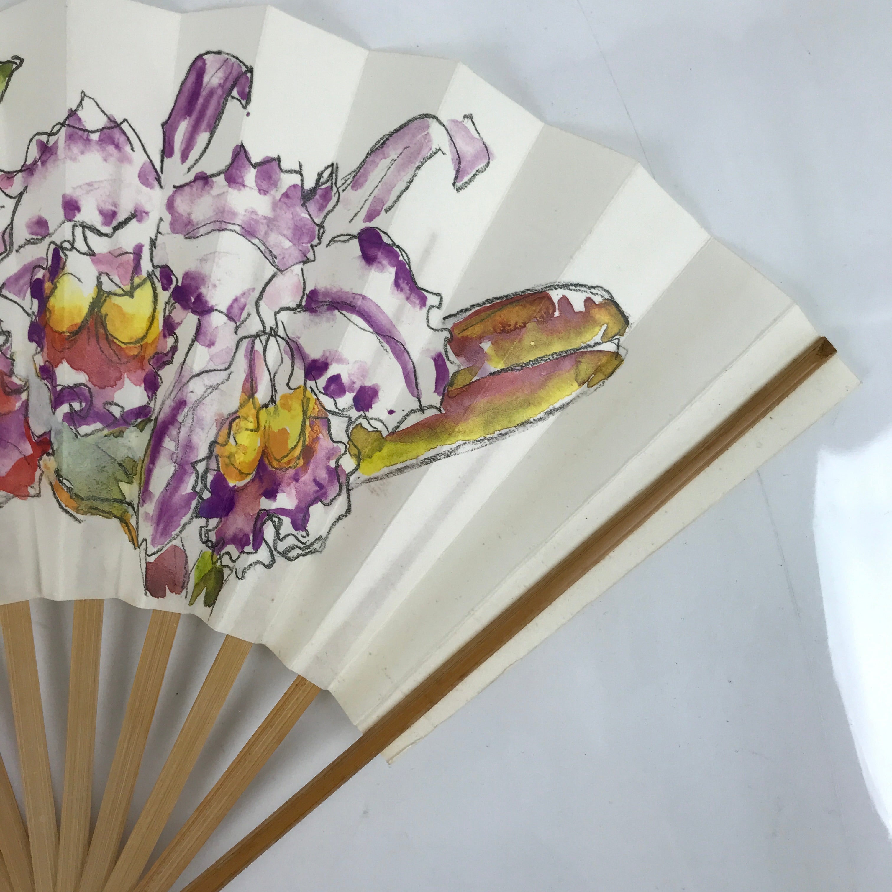 Japanese Paper Folding Fan Sensu Vtg Bamboo Frame Watercolor Flower Purple 4D868