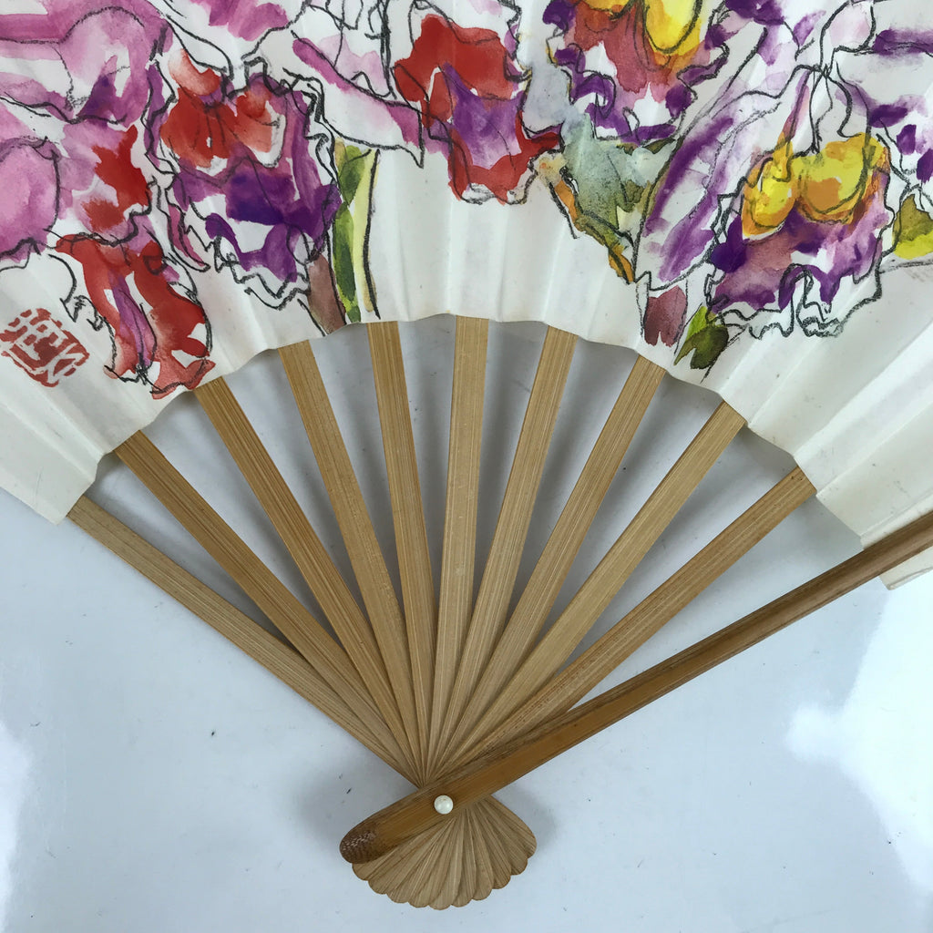 Japanese Paper Folding Fan Sensu Vtg Bamboo Frame Watercolor Flower Purple 4D868