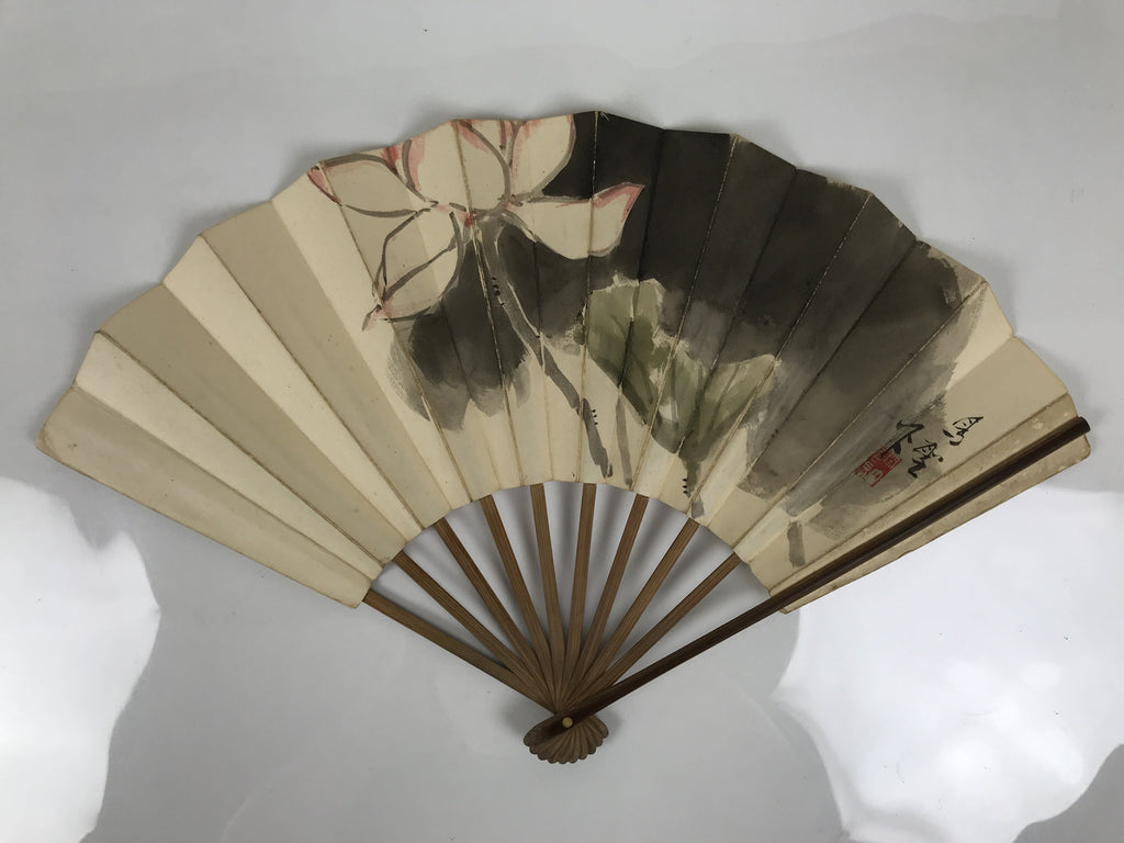Japanese Paper Folding Fan Sensu Vtg Bamboo Frame White Flower Mountain 5D30