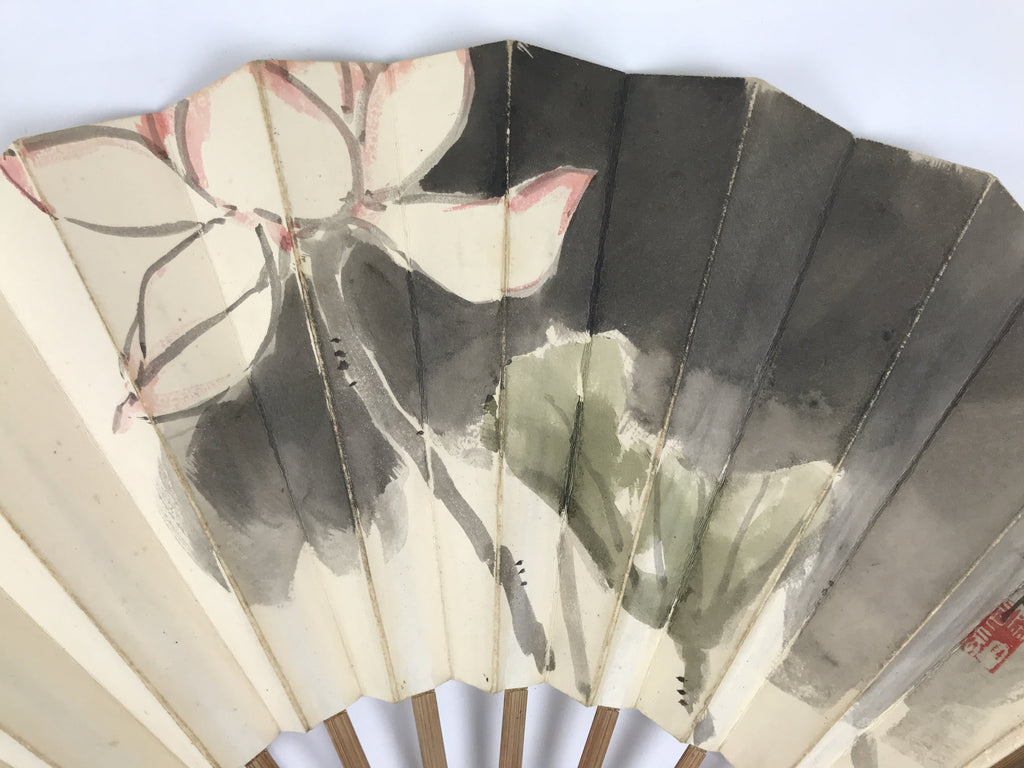 Japanese Paper Folding Fan Sensu Vtg Bamboo Frame White Flower Mountain 5D30