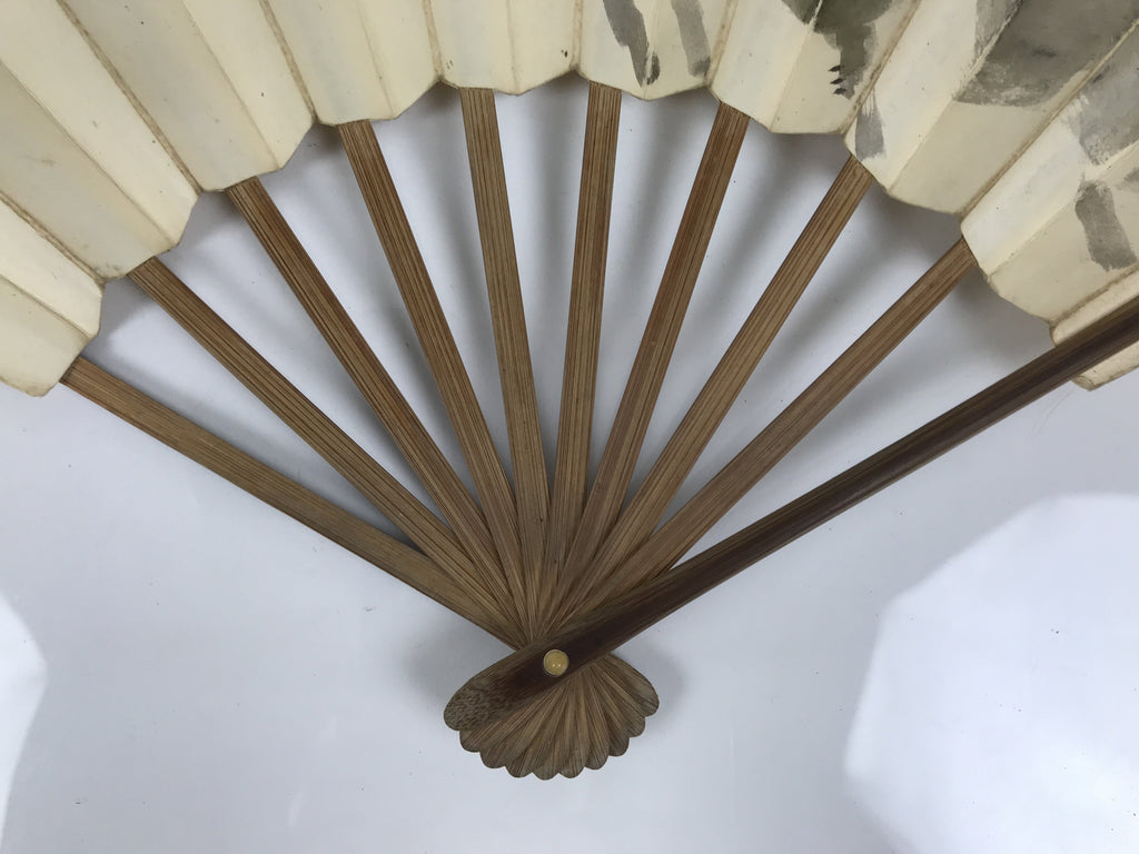 Japanese Paper Folding Fan Sensu Vtg Bamboo Frame White Flower Mountain 5D30