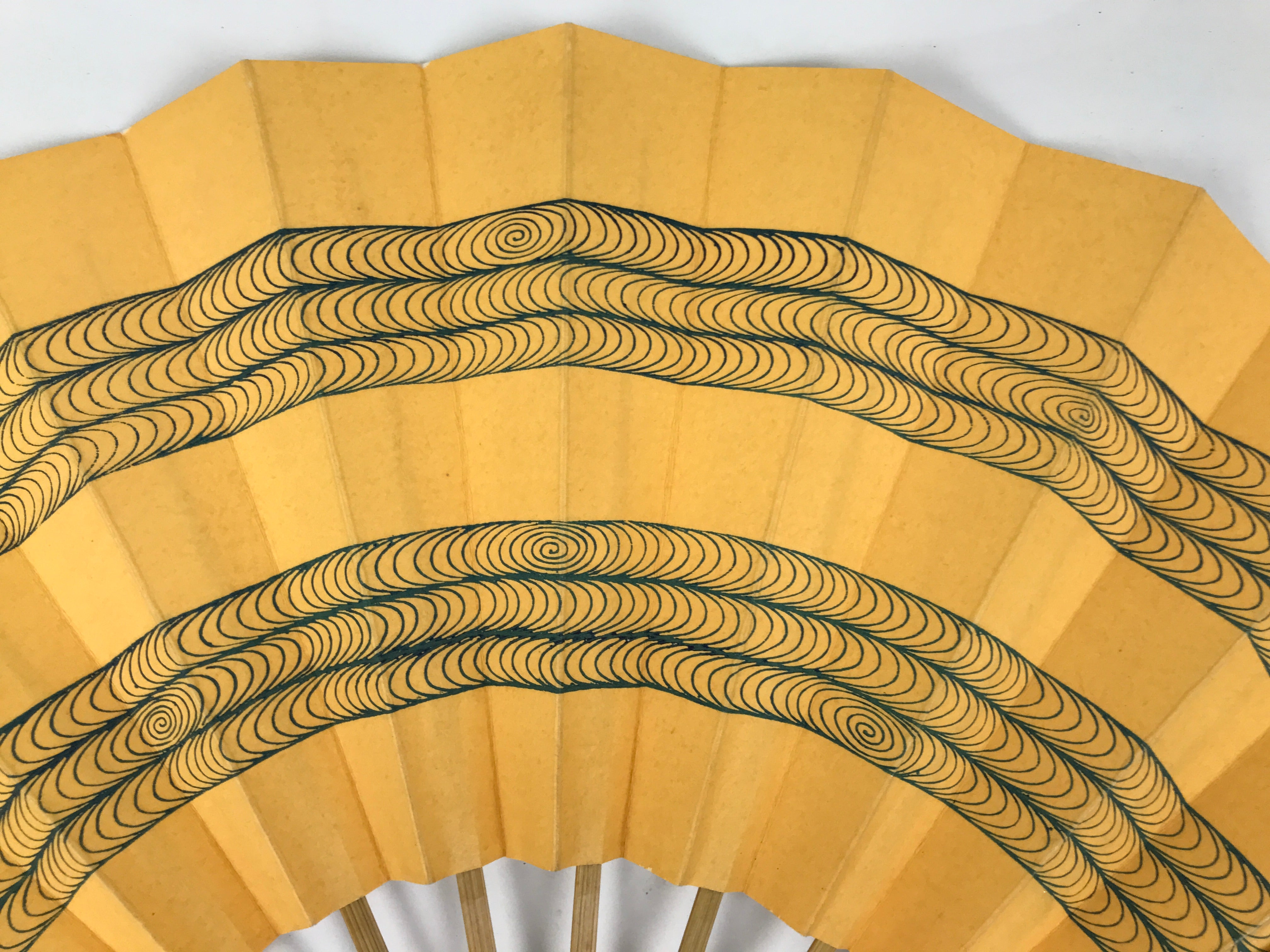 Japanese Paper Folding Fan Sensu Vtg Bamboo Frame Yellow Blue Kanzemizu 4D922