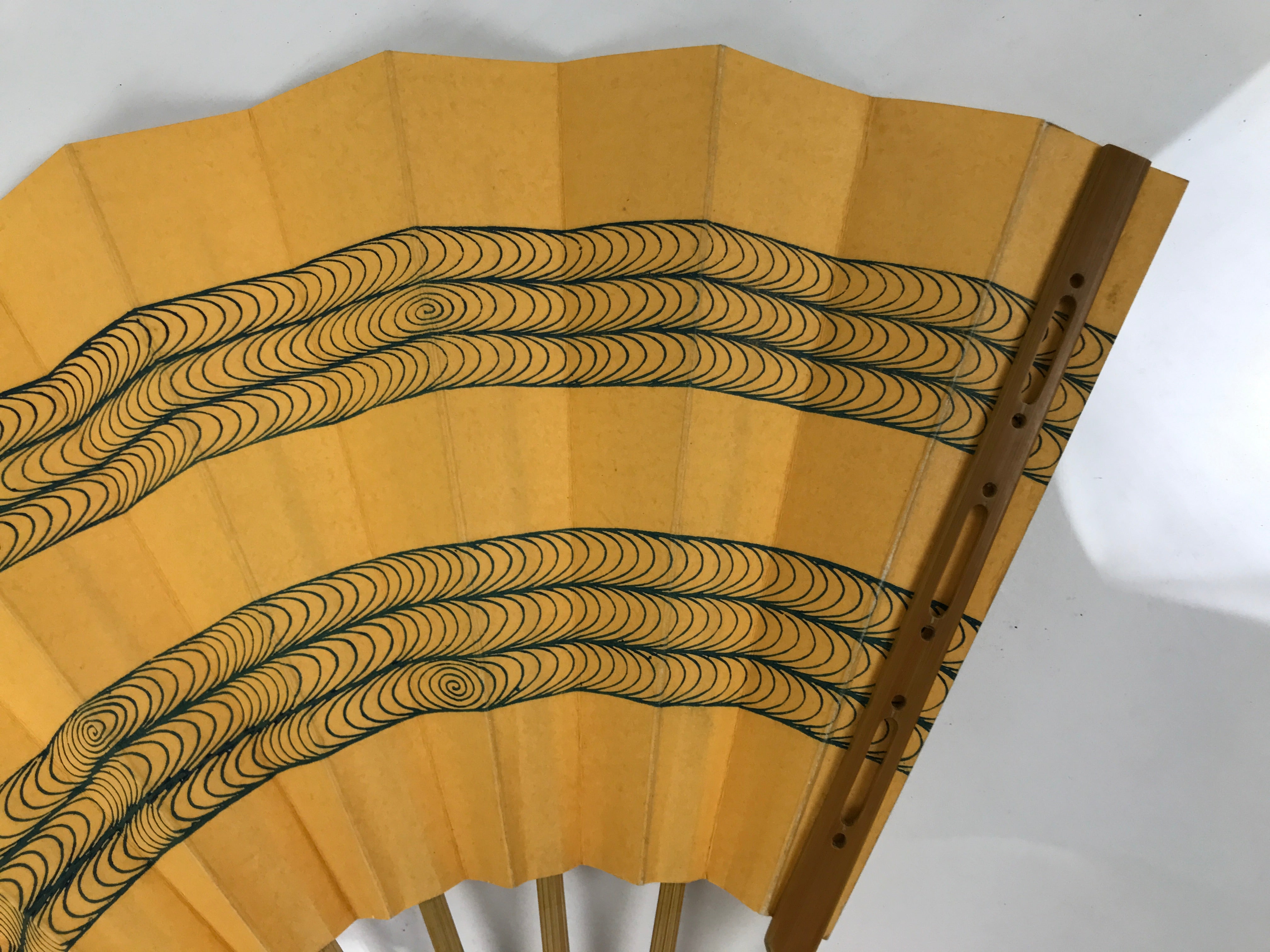 Japanese Paper Folding Fan Sensu Vtg Bamboo Frame Yellow Blue Kanzemizu 4D922
