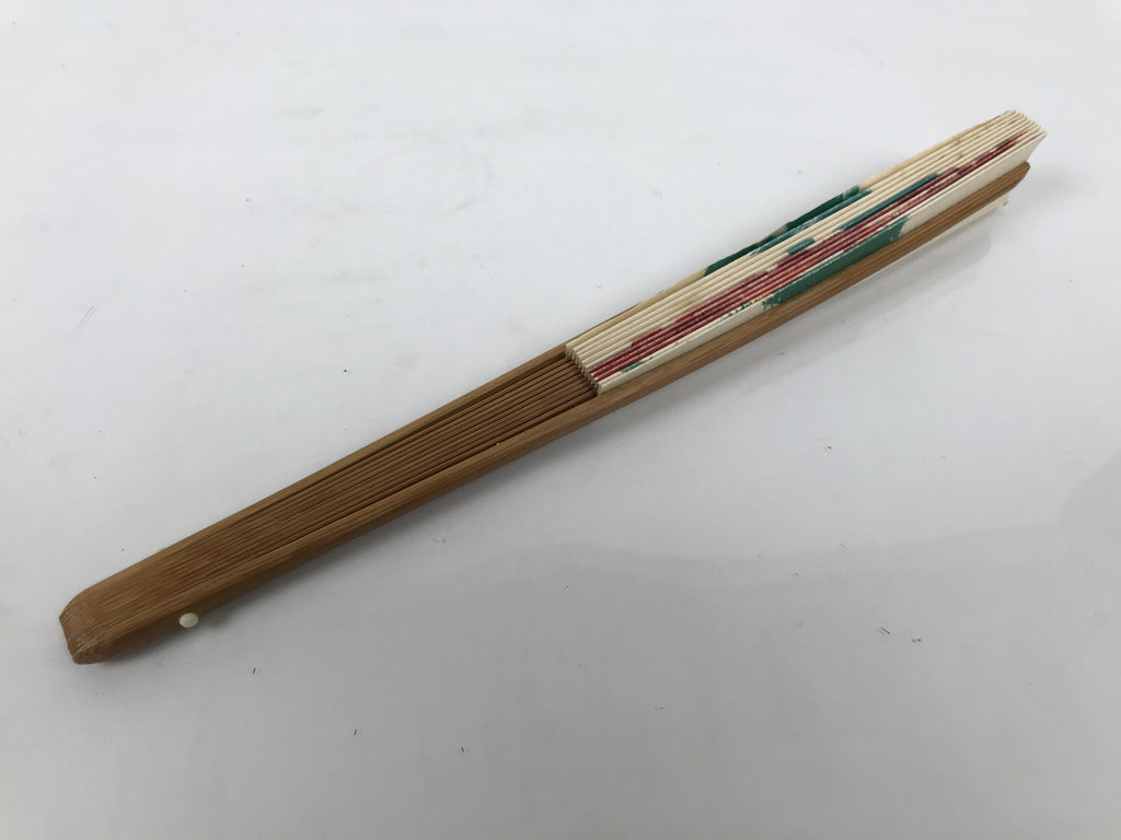 Japanese Paper Folding Fan Sensu Vtg Flower Red Green Bamboo Frame 4D992