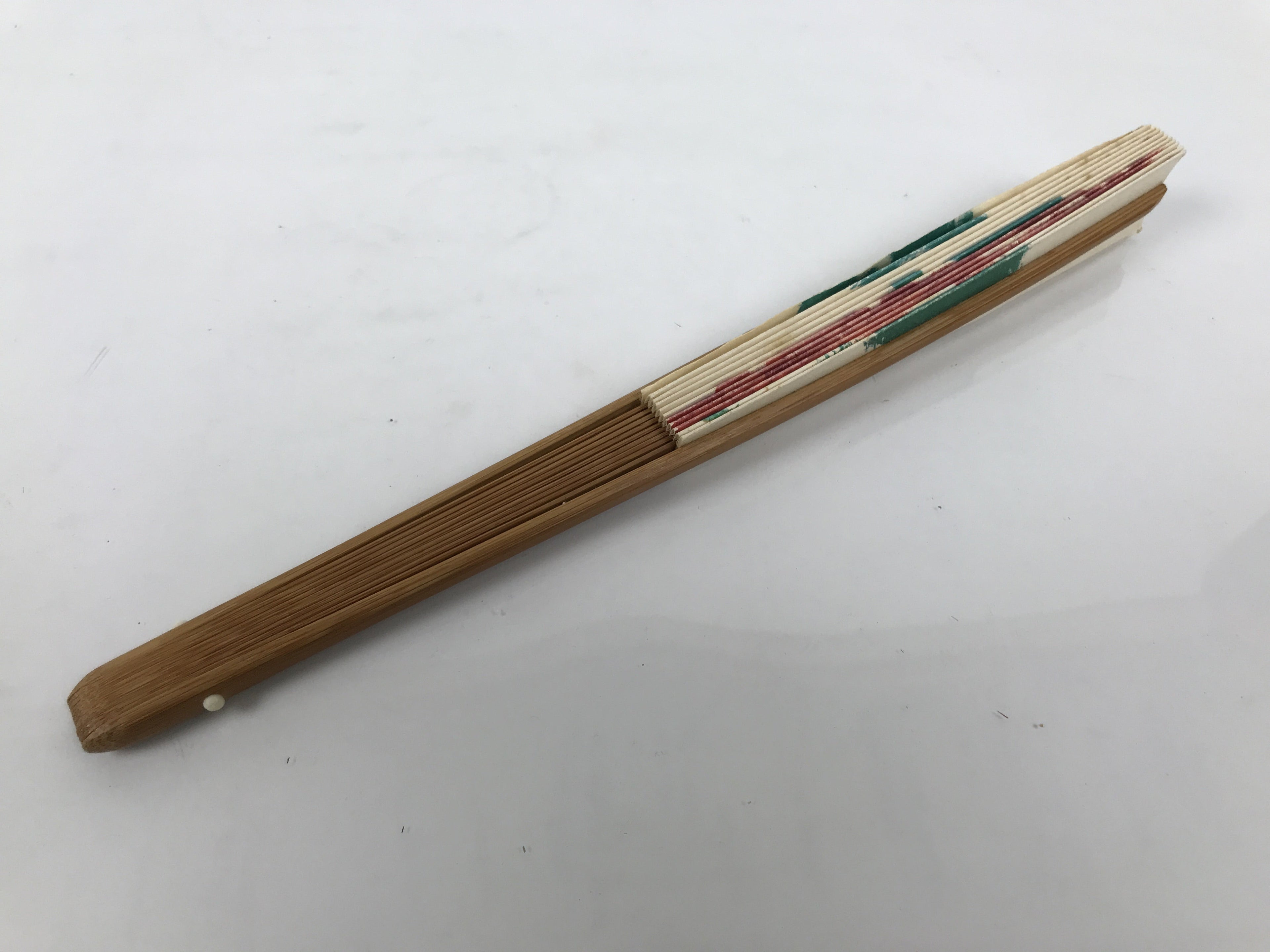 Japanese Paper Folding Fan Sensu Vtg Flower Red Green Bamboo Frame 4D992