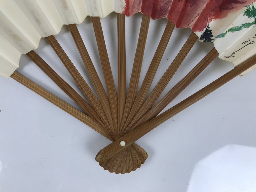 Japanese Paper Folding Fan Sensu Vtg Flower Red Green Bamboo Frame 4D992