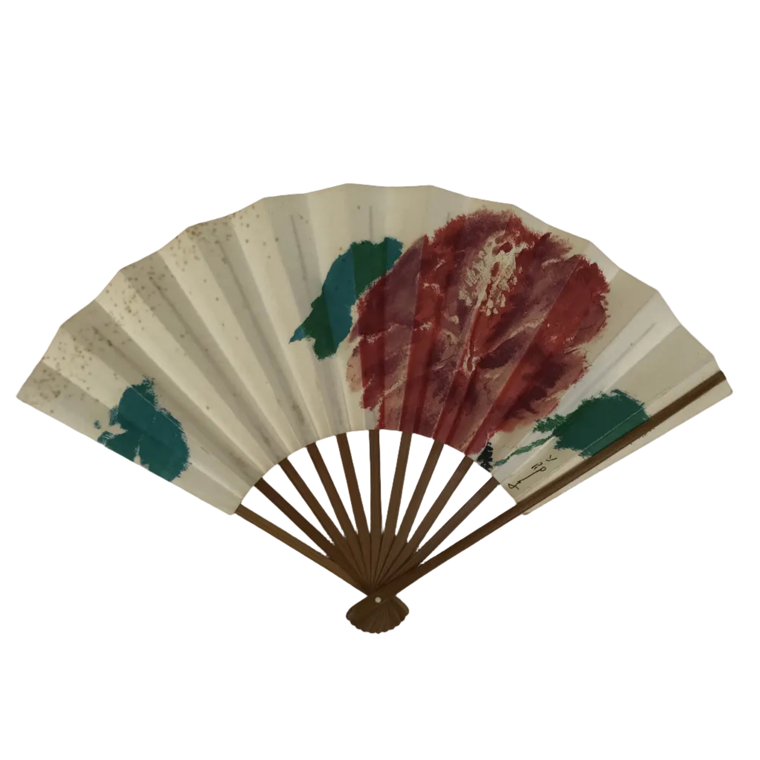 Japanese Paper Folding Fan Sensu Vtg Flower Red Green Bamboo Frame 4D992