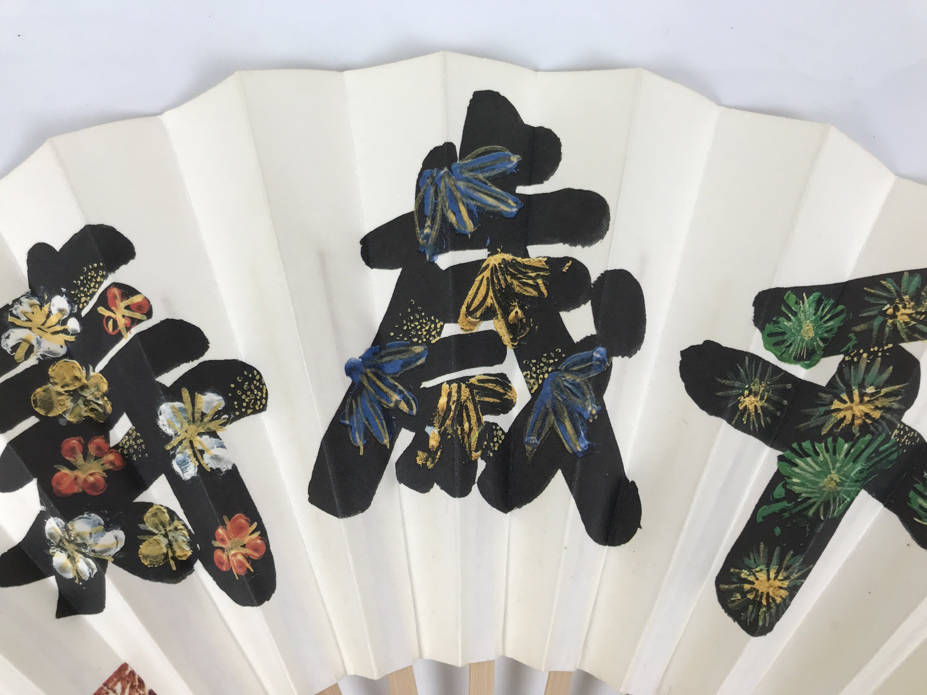 Japanese Paper Folding Fan Sensu Vtg Kanji Flowers Long Life Bamboo Frame 4D995