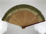 Japanese Paper Folding Fan Sensu Vtg Lacquer Bamboo Frame Green Gold Waves 4D900
