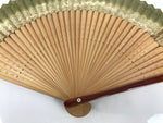 Japanese Paper Folding Fan Sensu Vtg Lacquer Bamboo Frame Green Gold Waves 4D900
