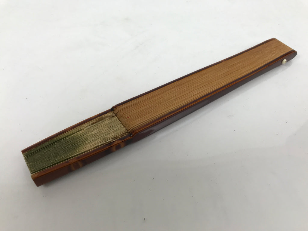 Japanese Paper Folding Fan Sensu Vtg Lacquer Bamboo Frame Green Gold Waves 4D900