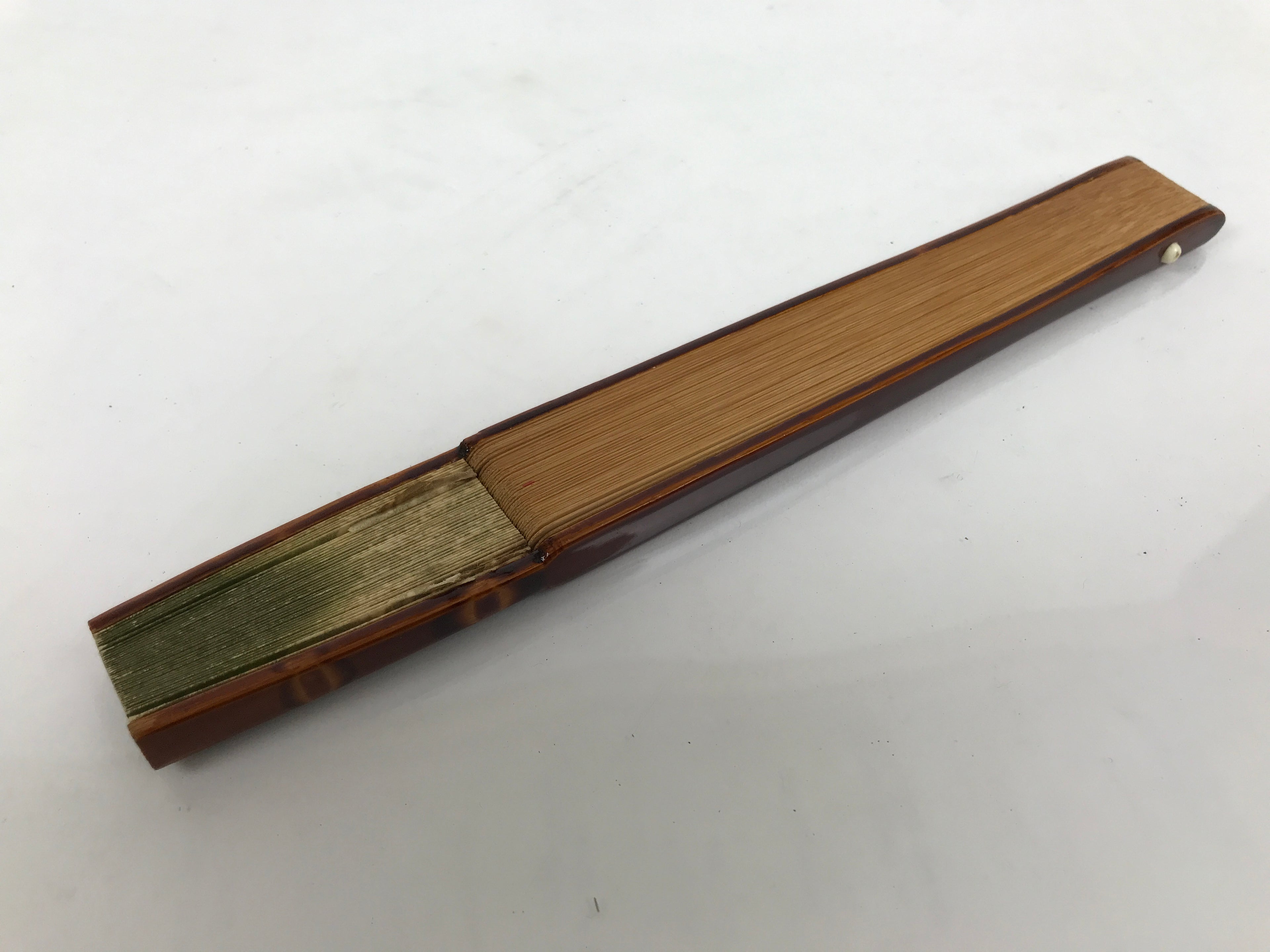 Japanese Paper Folding Fan Sensu Vtg Lacquer Bamboo Frame Green Gold Waves 4D900