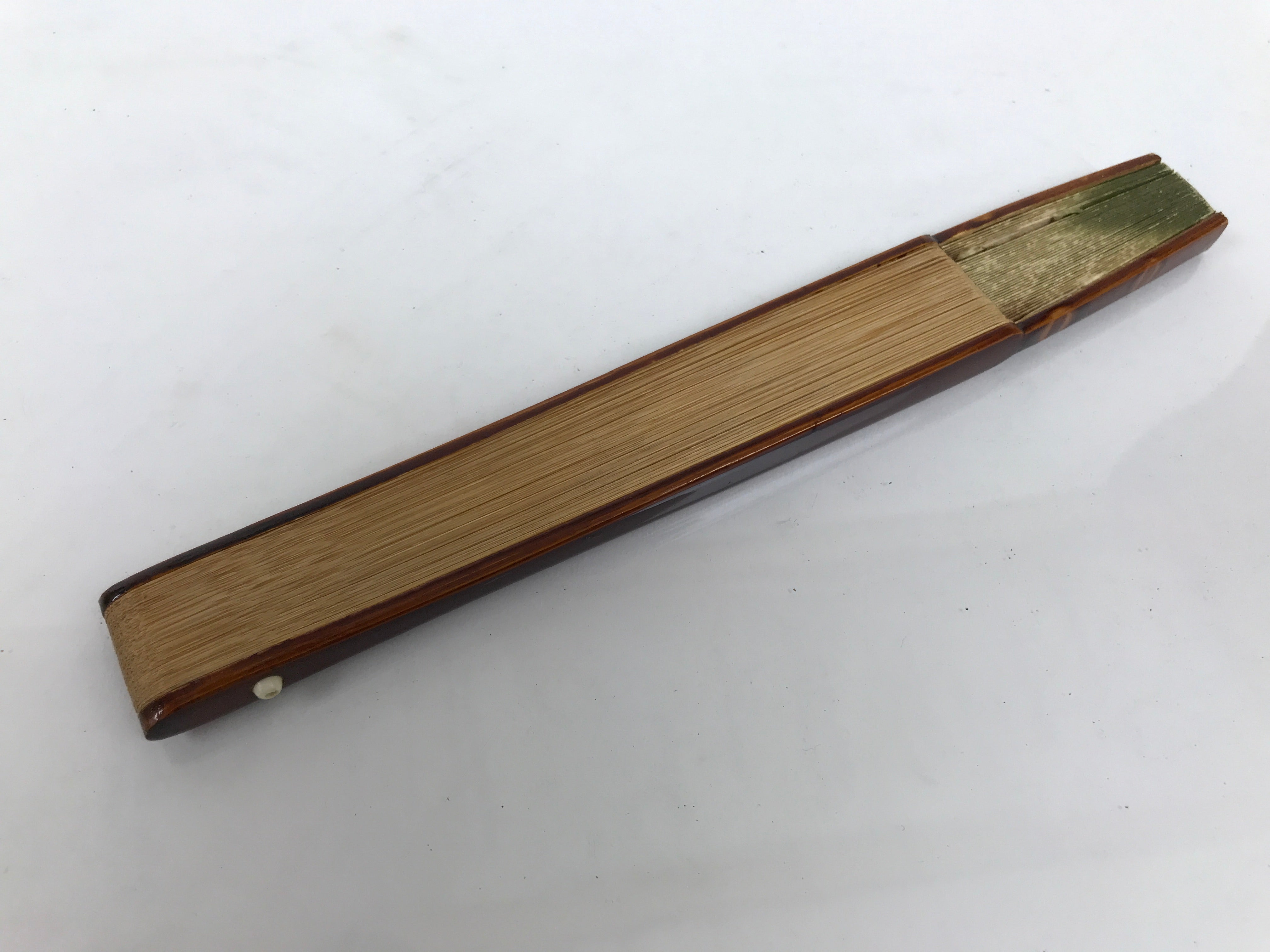 Japanese Paper Folding Fan Sensu Vtg Lacquer Bamboo Frame Green Gold Waves 4D900