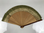 Japanese Paper Folding Fan Sensu Vtg Lacquer Bamboo Frame Green Gold Waves 4D900