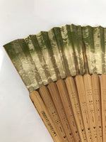 Japanese Paper Folding Fan Sensu Vtg Lacquer Bamboo Frame Green Gold Waves 4D900