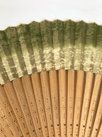 Japanese Paper Folding Fan Sensu Vtg Lacquer Bamboo Frame Green Gold Waves 4D900