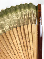 Japanese Paper Folding Fan Sensu Vtg Lacquer Bamboo Frame Green Gold Waves 4D900