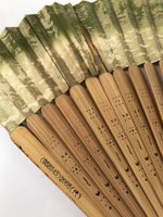 Japanese Paper Folding Fan Sensu Vtg Lacquer Bamboo Frame Green Gold Waves 4D900