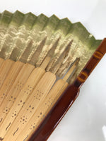 Japanese Paper Folding Fan Sensu Vtg Lacquer Bamboo Frame Green Gold Waves 4D900