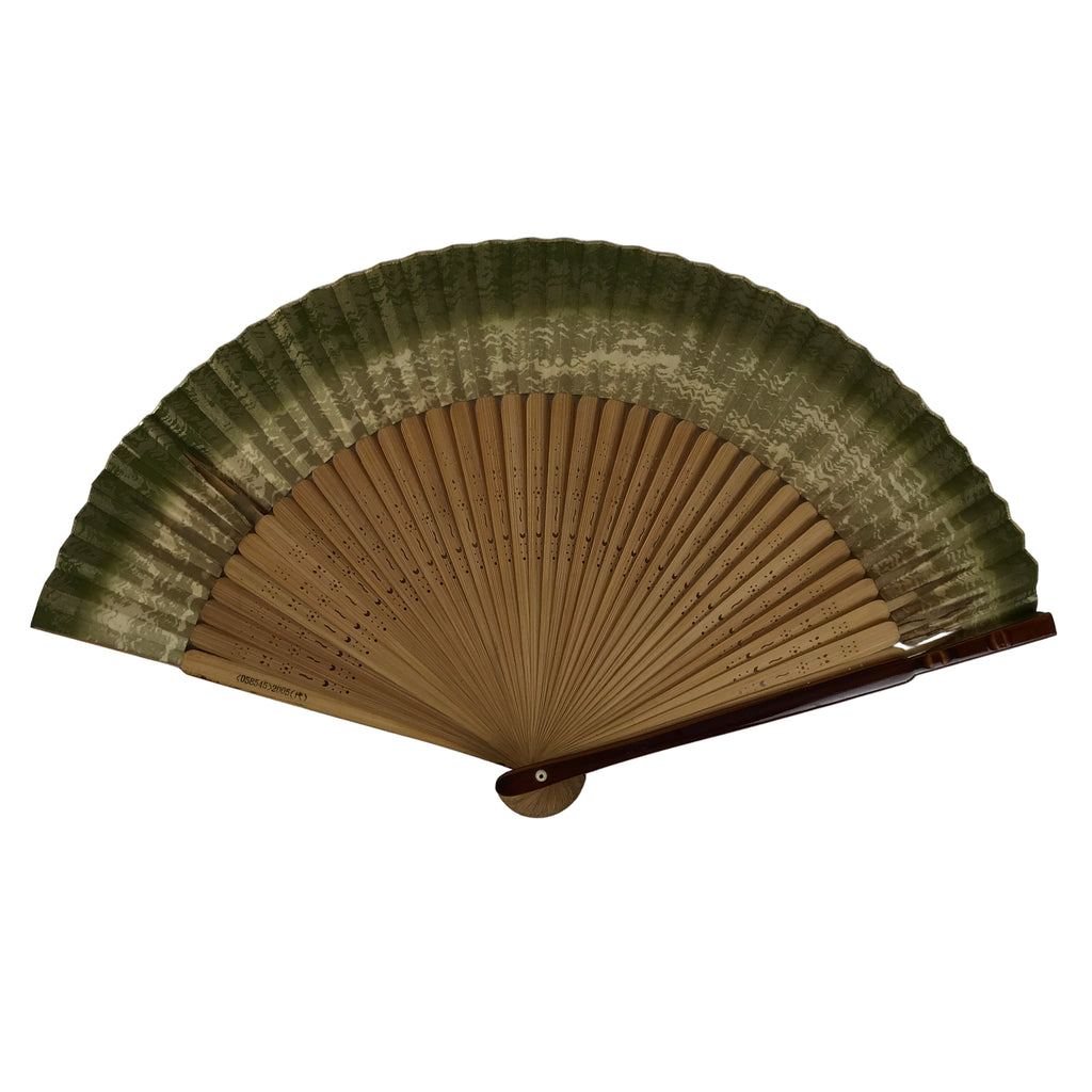Japanese Paper Folding Fan Sensu Vtg Lacquer Bamboo Frame Green Gold Waves 4D900