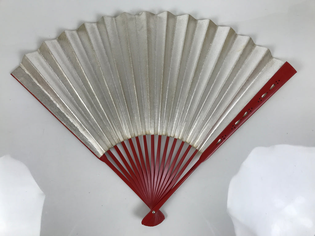 Japanese Paper Folding Fan Sensu Vtg Red Bamboo Frame Silver Gold Blank 4D944
