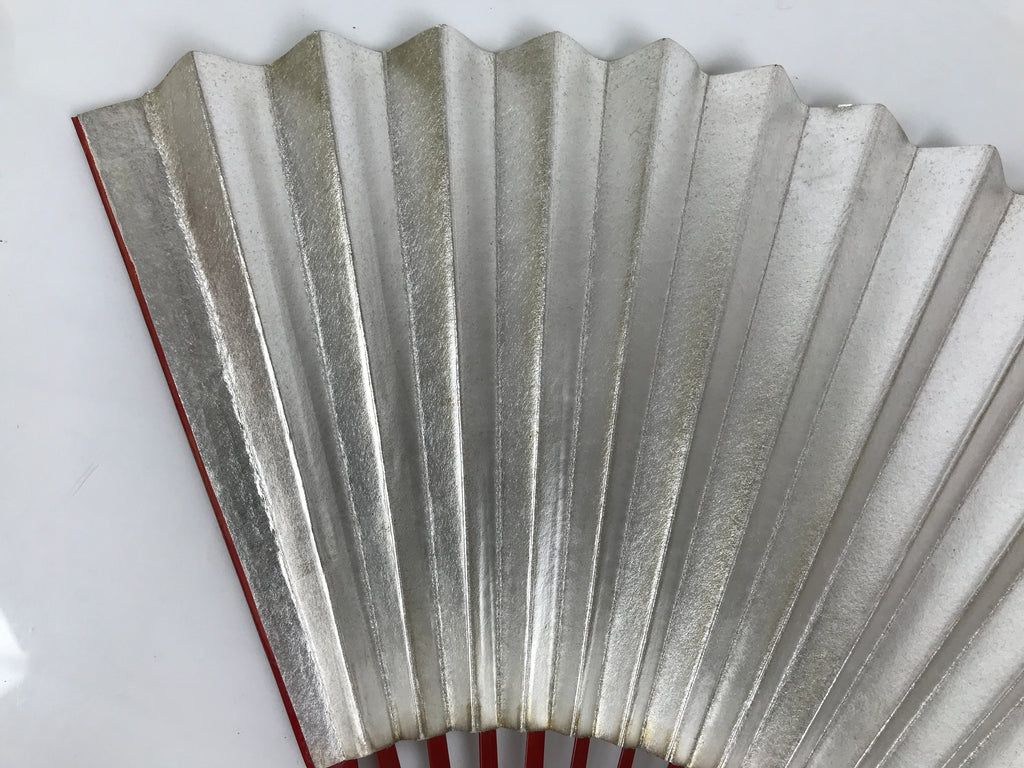 Japanese Paper Folding Fan Sensu Vtg Red Bamboo Frame Silver Gold Blank 4D944