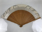 Japanese Paper Folding Fan Sensu Vtg Wavy Bamboo Frame Silver Foil White 4D901