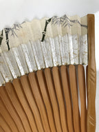 Japanese Paper Folding Fan Sensu Vtg Wavy Bamboo Frame Silver Foil White 4D901