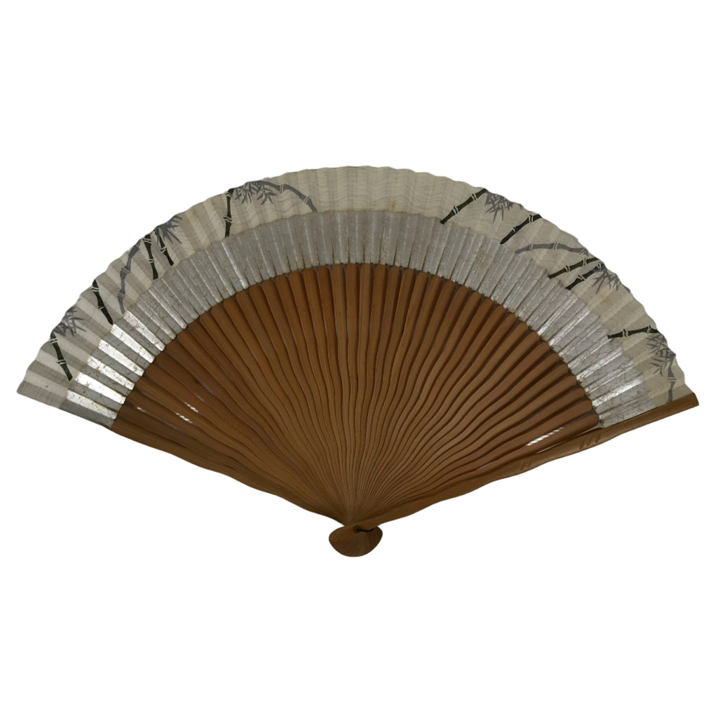 Japanese Paper Folding Fan Sensu Vtg Wavy Bamboo Frame Silver Foil White 4D901