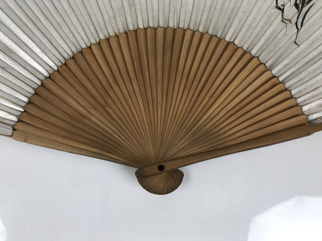 Japanese Paper Folding Fan Vtg Sensu Bamboo Frame Black Grass Plants Silver 5D14
