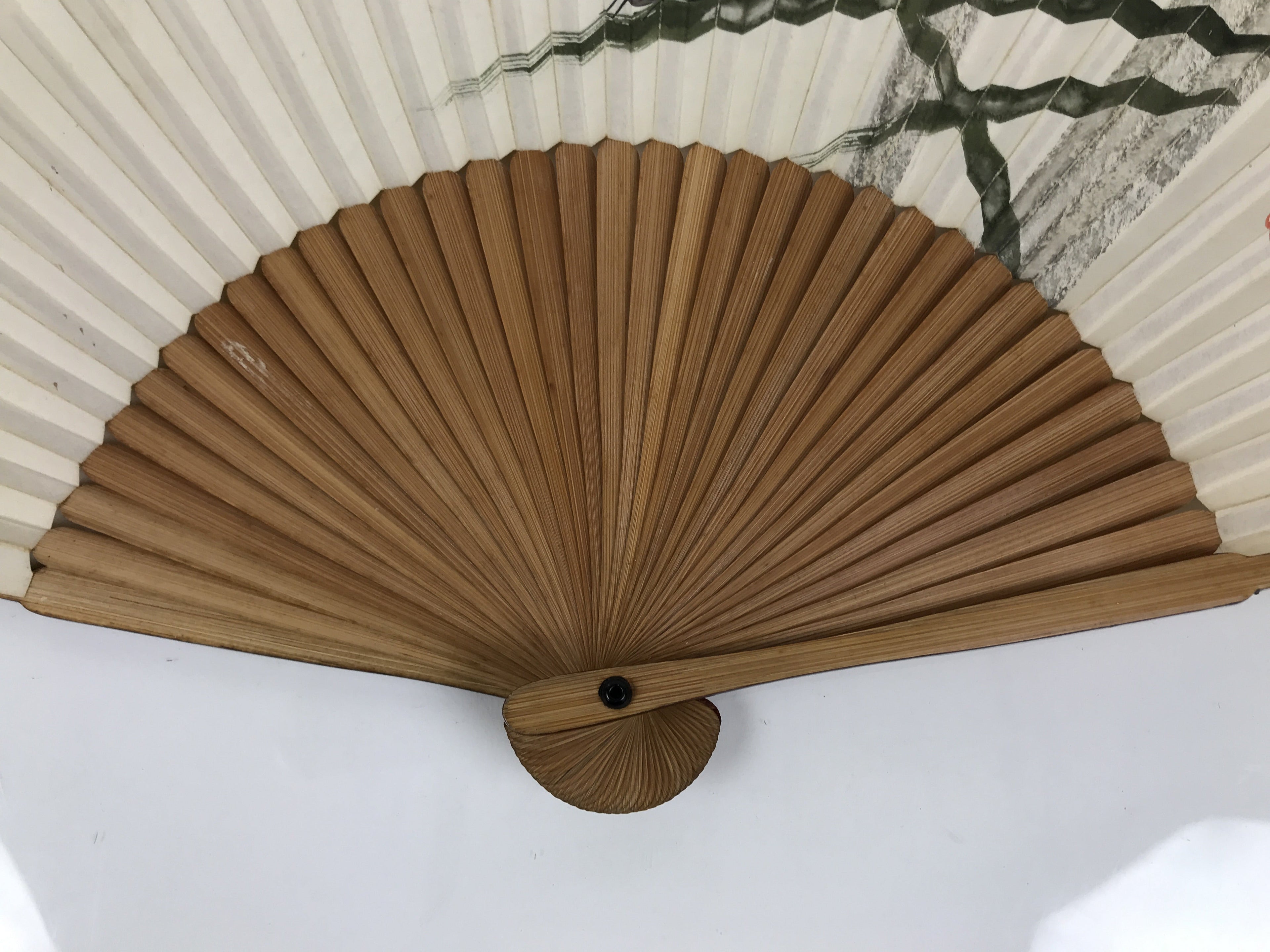 Japanese Paper Folding Fan Vtg Sensu Bamboo Frame Cricket Insect Leaf White 5D10