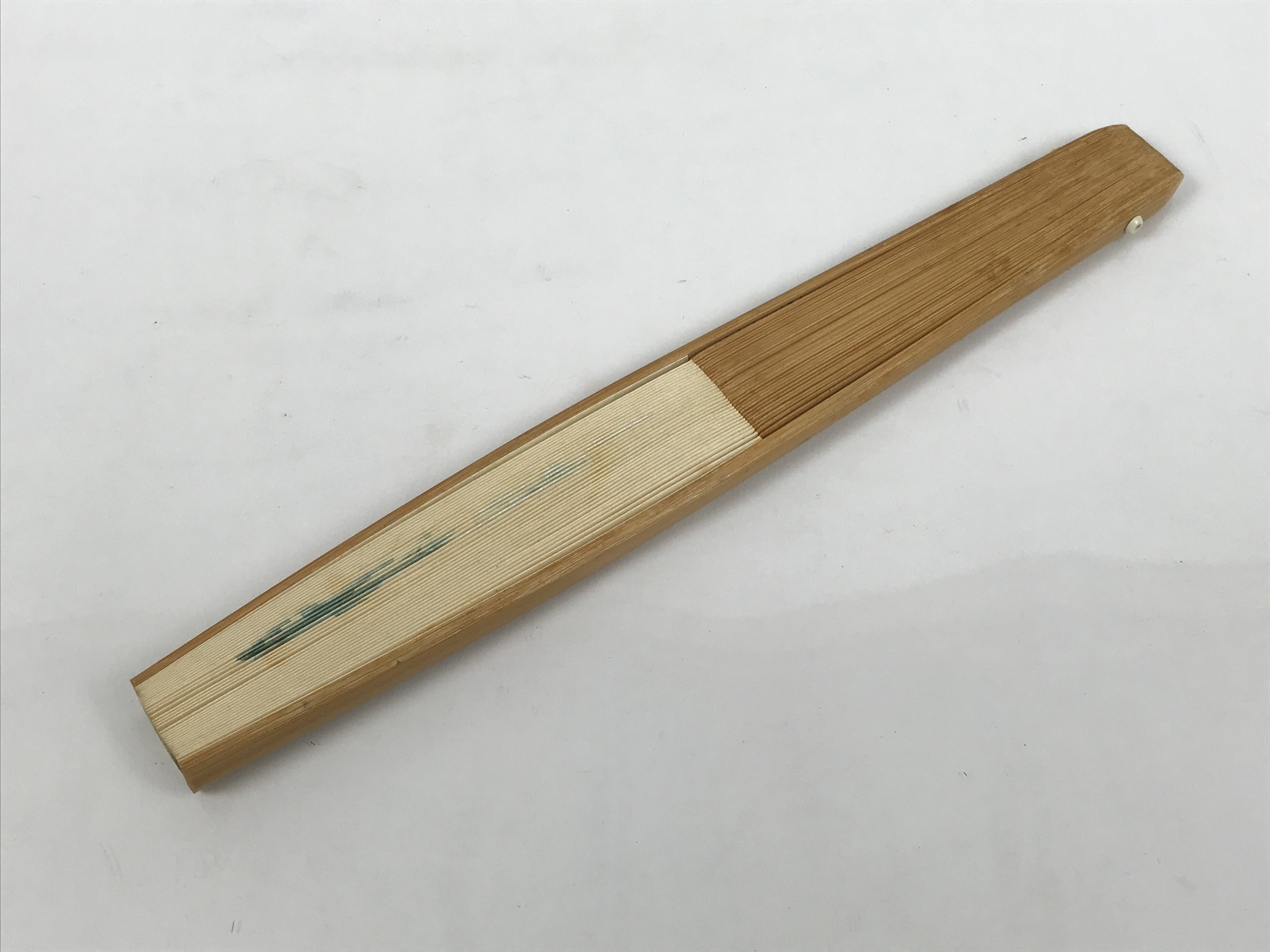 Japanese Paper Folding Fan Vtg Sensu Bamboo Frame Green Take Leaves White 5D13