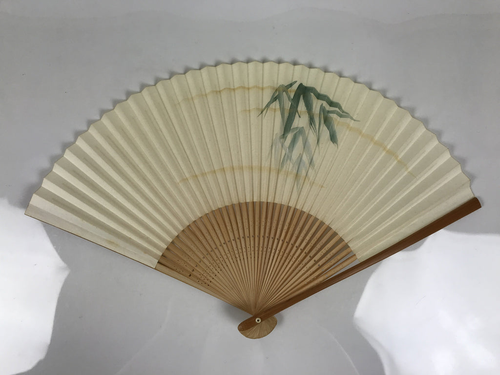 Japanese Paper Folding Fan Vtg Sensu Bamboo Frame Green Take Leaves White 5D13