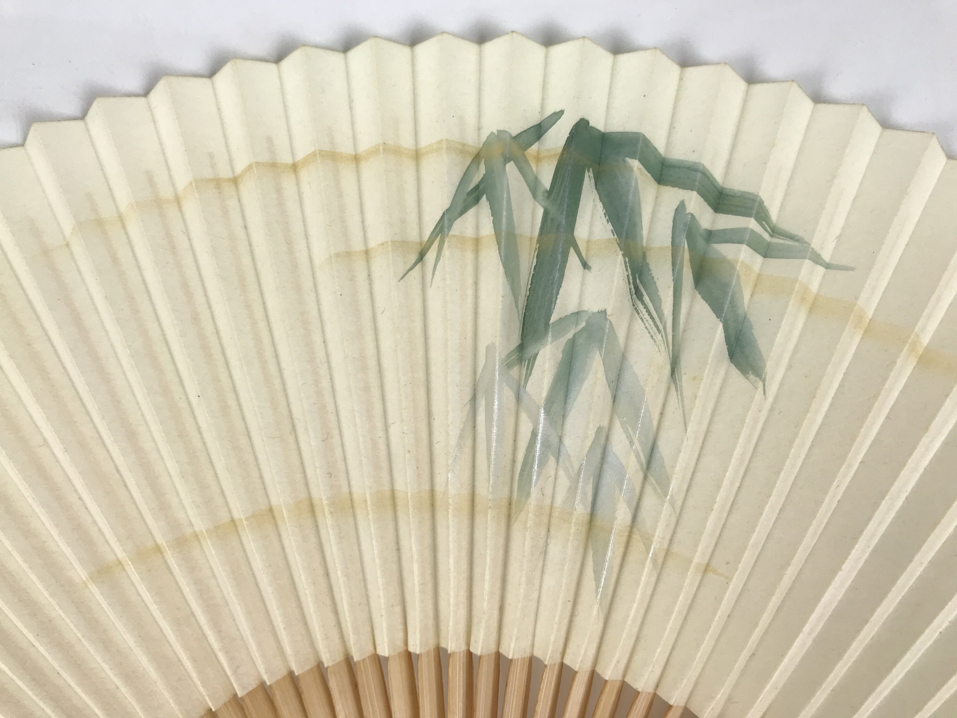 Japanese Paper Folding Fan Vtg Sensu Bamboo Frame Green Take Leaves White 5D13