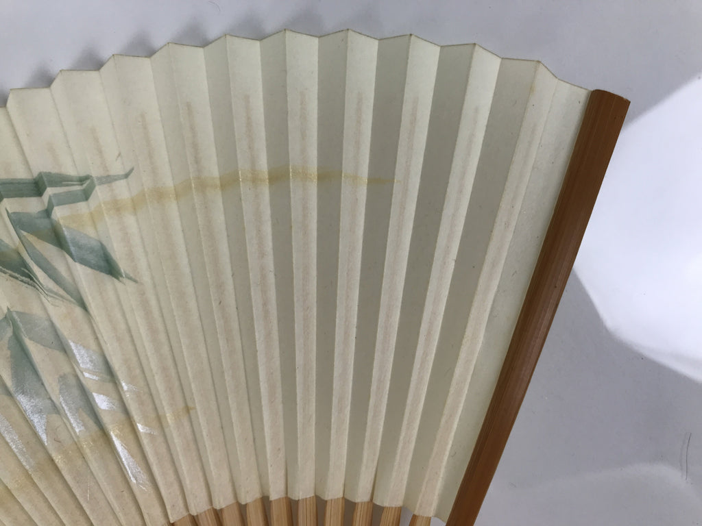 Japanese Paper Folding Fan Vtg Sensu Bamboo Frame Green Take Leaves White 5D13