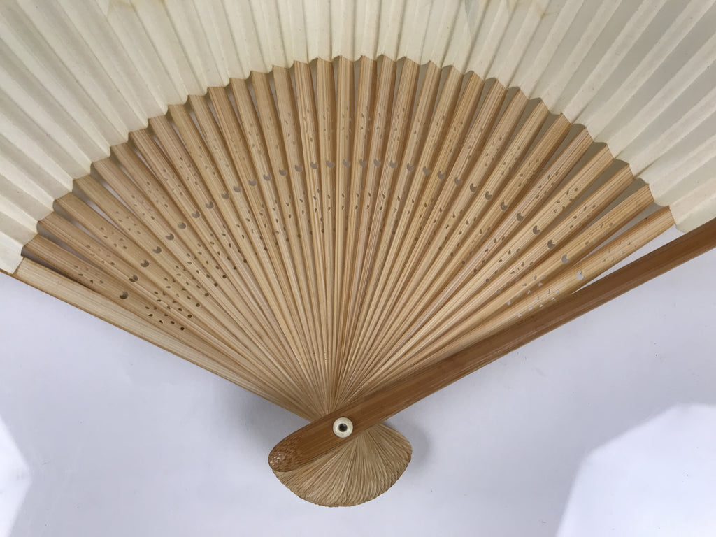 Japanese Paper Folding Fan Vtg Sensu Bamboo Frame Green Take Leaves White 5D13