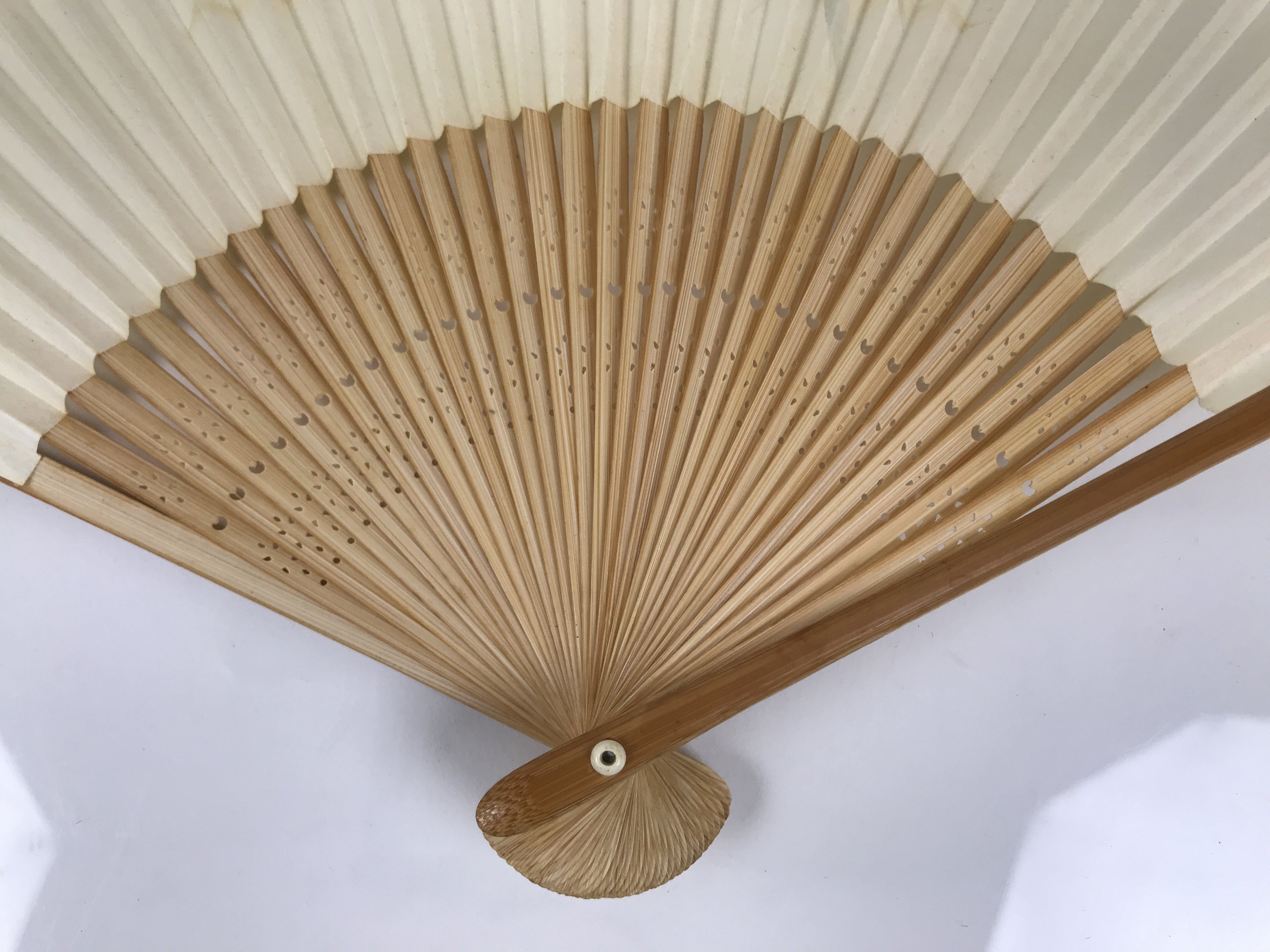 Japanese Paper Folding Fan Vtg Sensu Bamboo Frame Green Take Leaves White 5D13