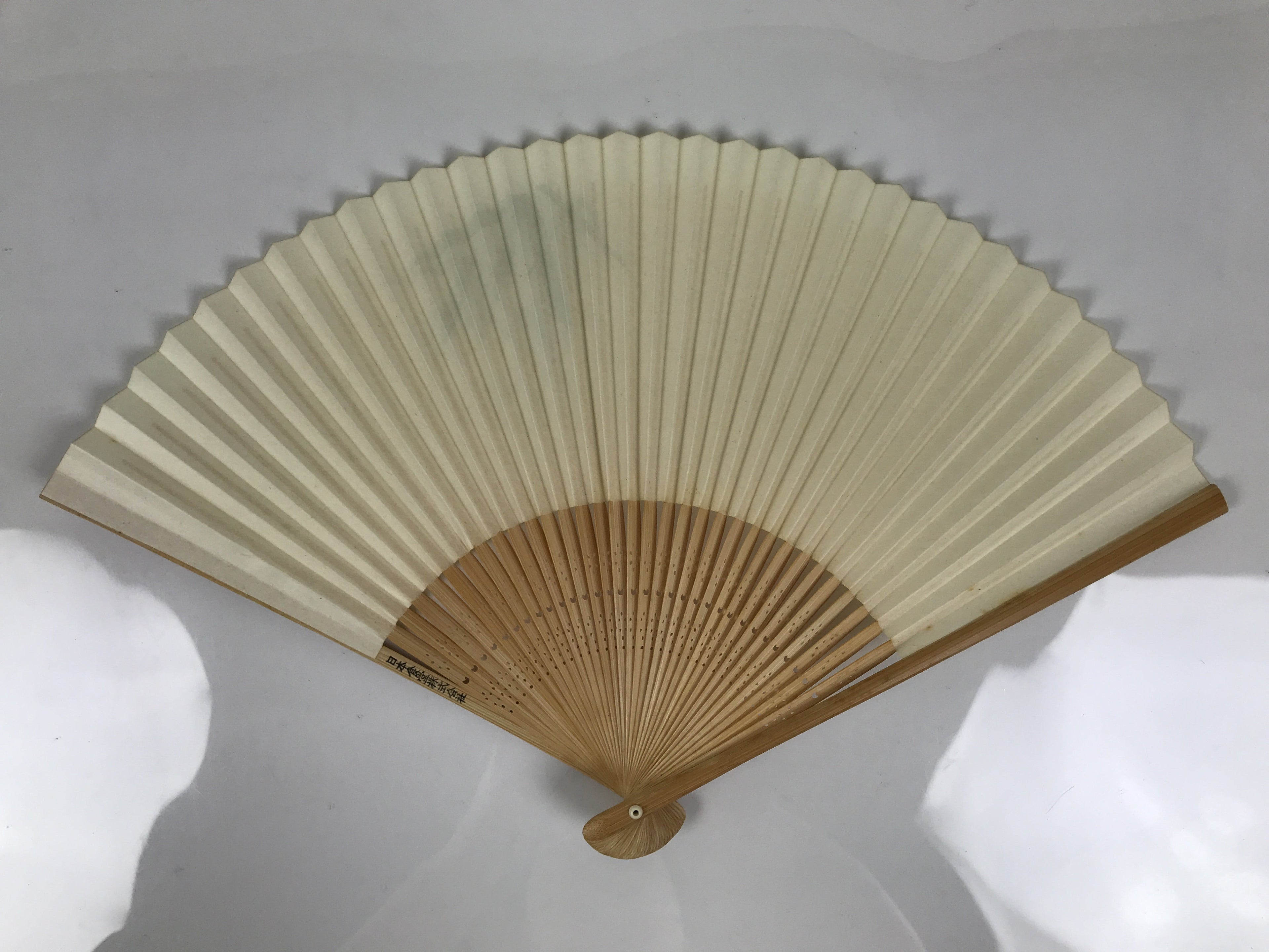 Japanese Paper Folding Fan Vtg Sensu Bamboo Frame Green Take Leaves White 5D13