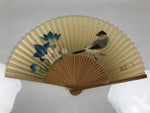 Japanese Paper Folding Fan Vtg Sensu Bamboo Frame Kikyo Bellflower Bird 4D980