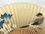 Japanese Paper Folding Fan Vtg Sensu Bamboo Frame Kikyo Bellflower Bird 4D980