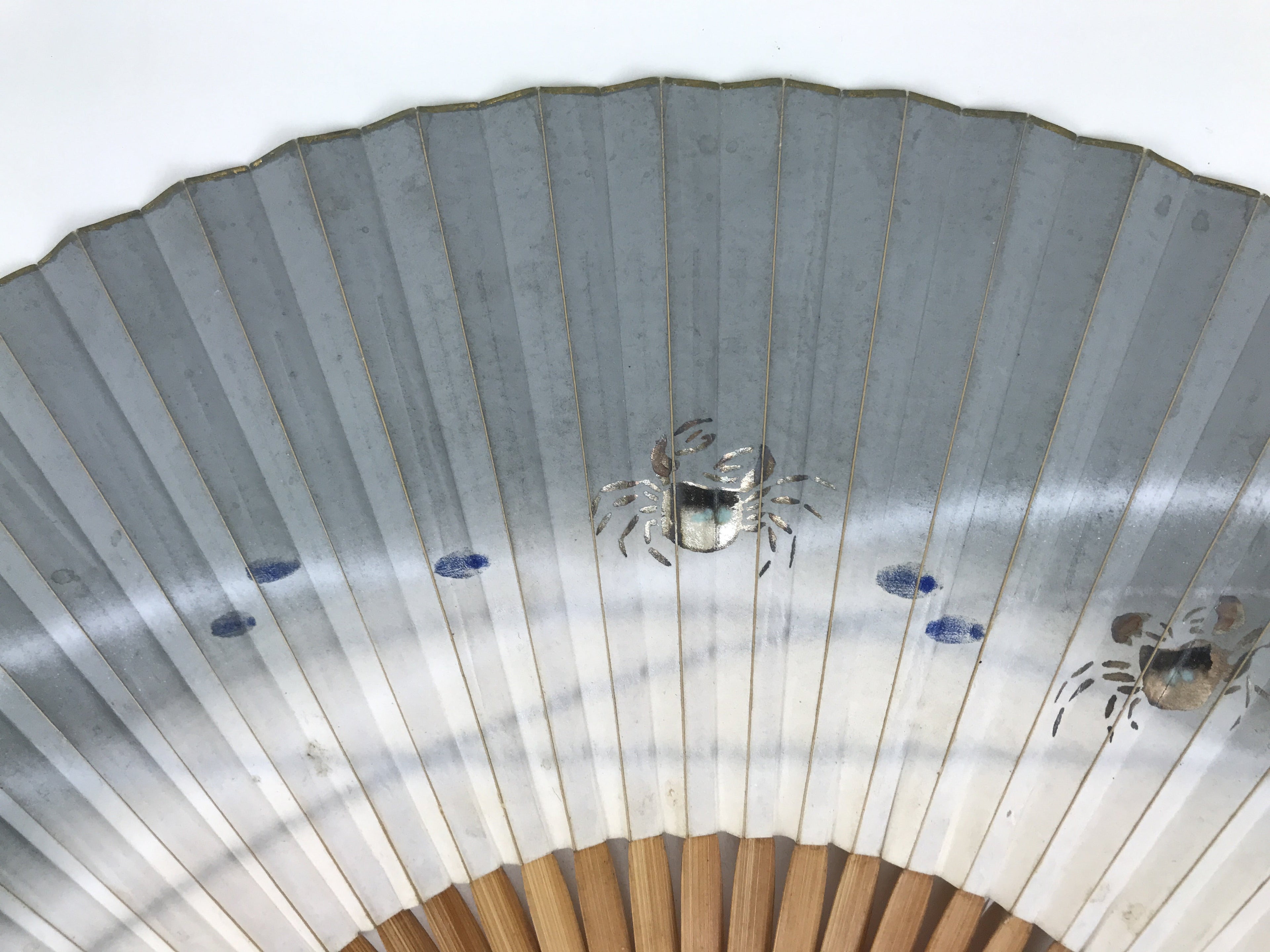 Japanese Paper Folding Fan Vtg Sensu Bamboo Frame Silver Crabs Kani Blue 5D15