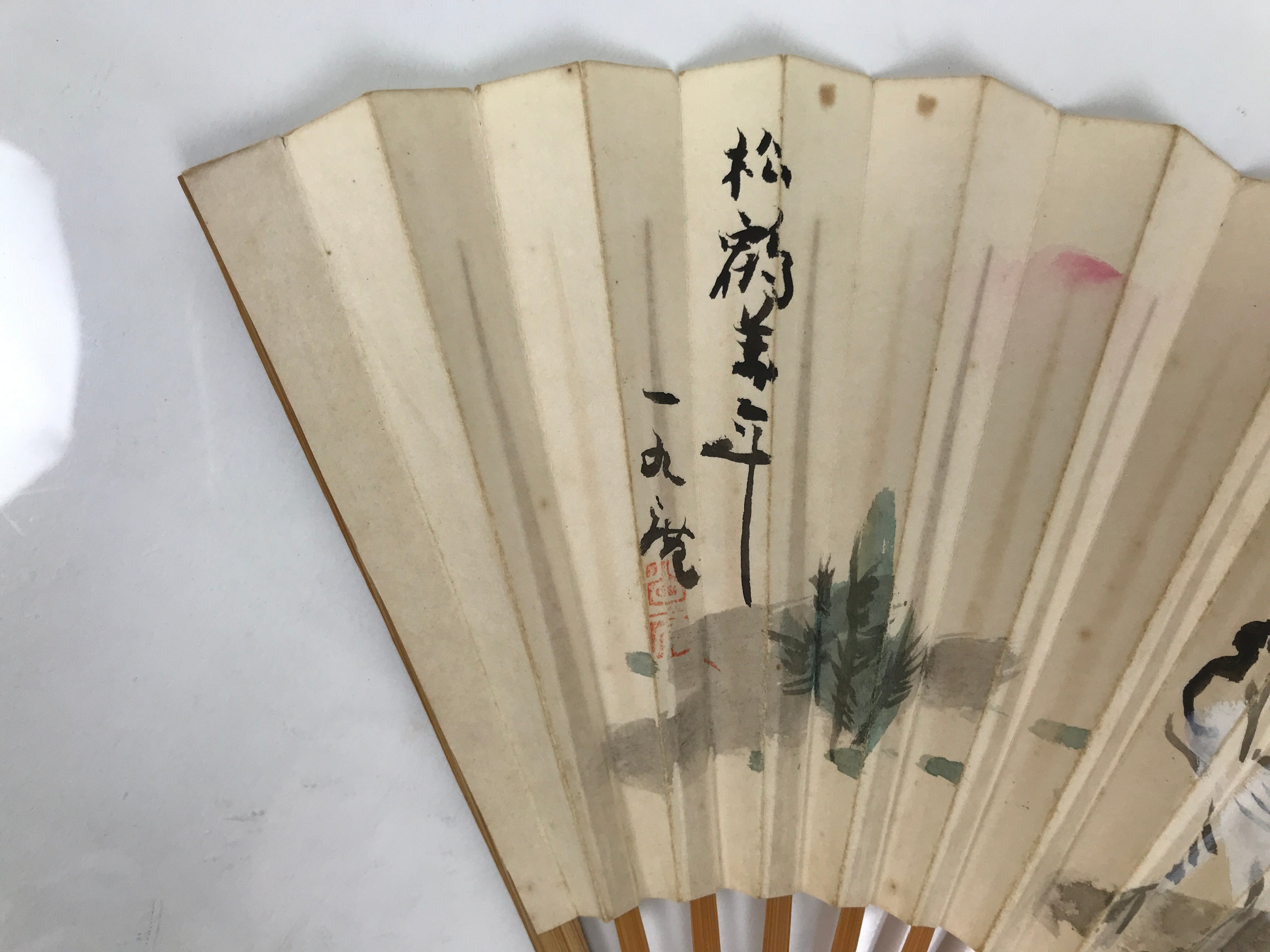 Japanese Paper Folding Fan Vtg Sensu Bamboo Frame White Bird Crane Couple 5D38