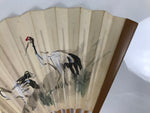 Japanese Paper Folding Fan Vtg Sensu Bamboo Frame White Bird Crane Couple 5D38