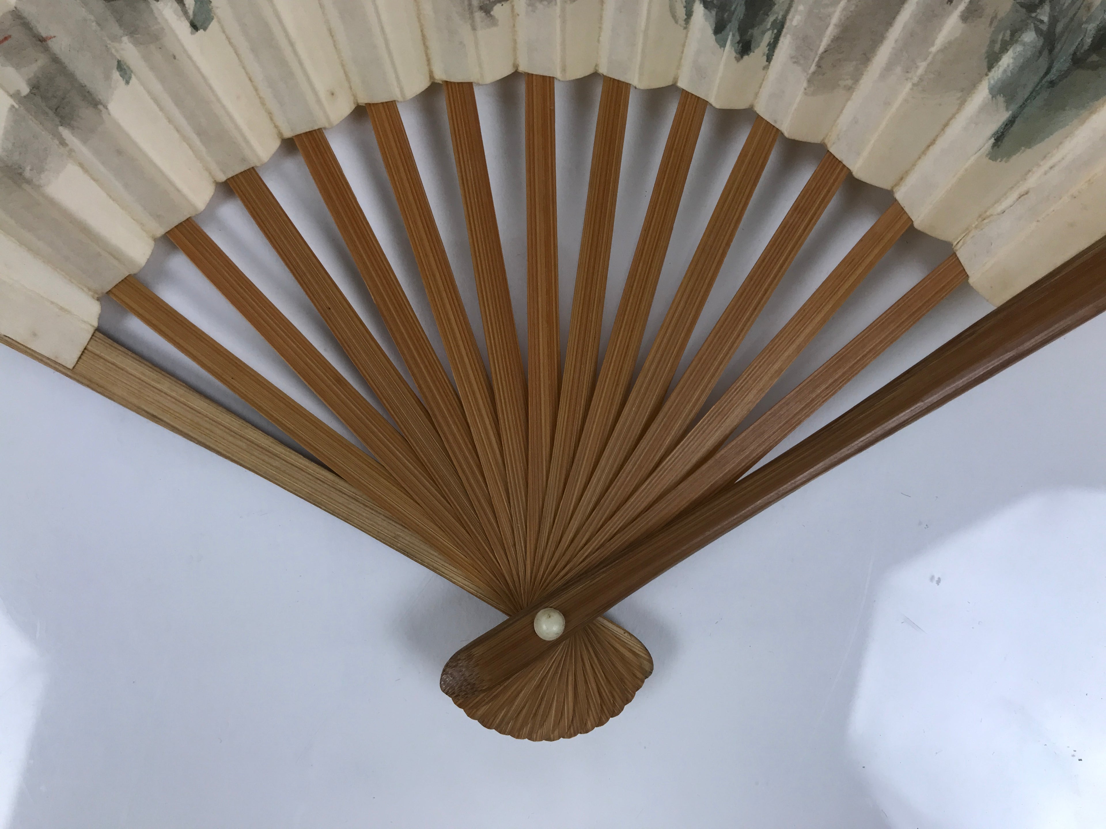 Japanese Paper Folding Fan Vtg Sensu Bamboo Frame White Bird Crane Couple 5D38
