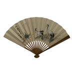 Japanese Paper Folding Fan Vtg Sensu Bamboo Frame White Bird Crane Couple 5D38