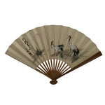 Japanese Paper Folding Fan Vtg Sensu Bamboo Frame White Bird Crane Couple 5D38