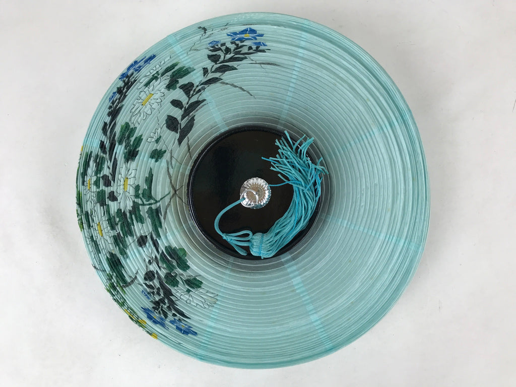 Japanese Paper Hanging Chochin Lantern Vtg Flowers Blue Tassel Black Gold LT72