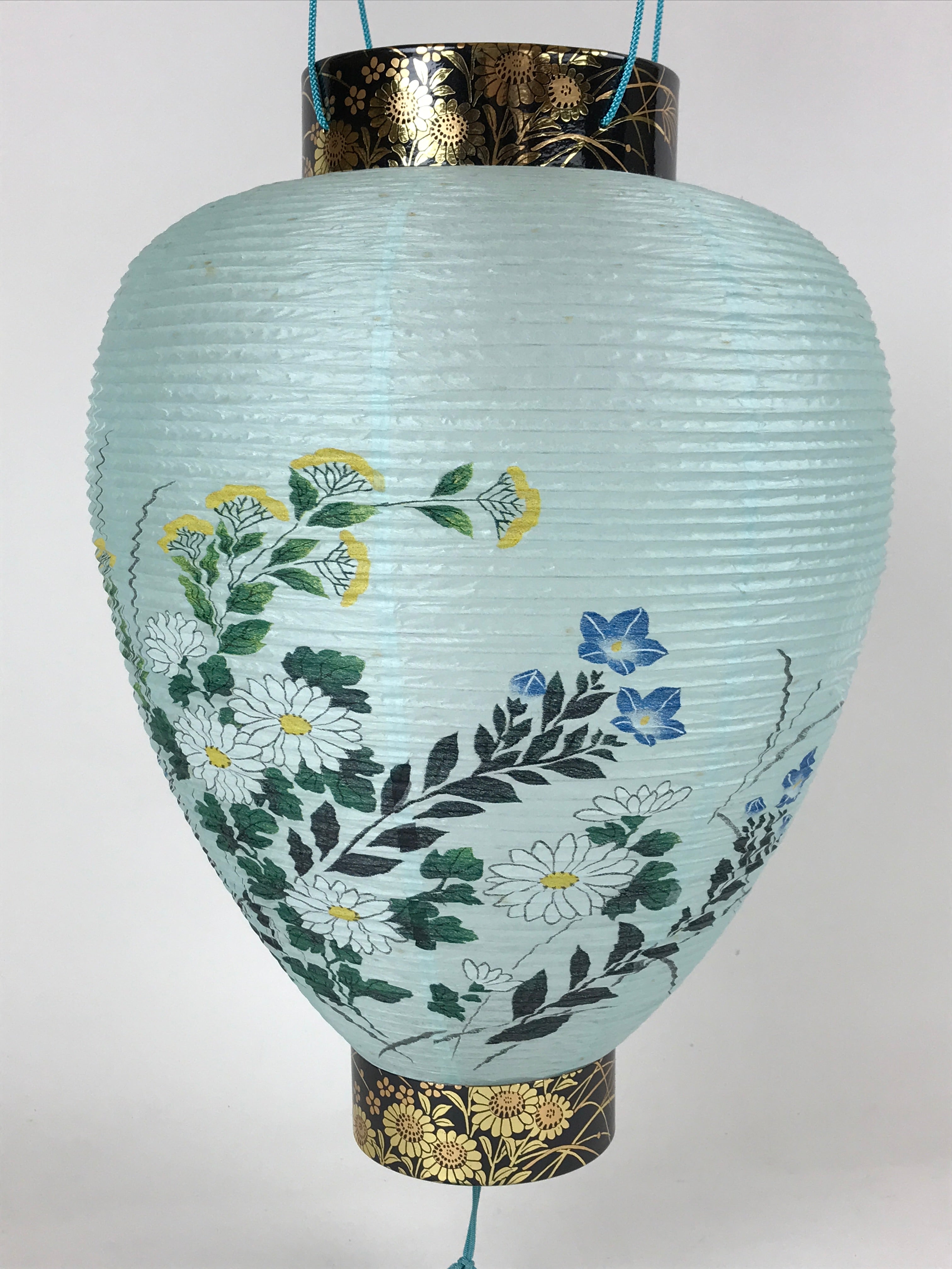 Japanese Paper Hanging Chochin Lantern Vtg Flowers Blue Tassel Black Gold LT72
