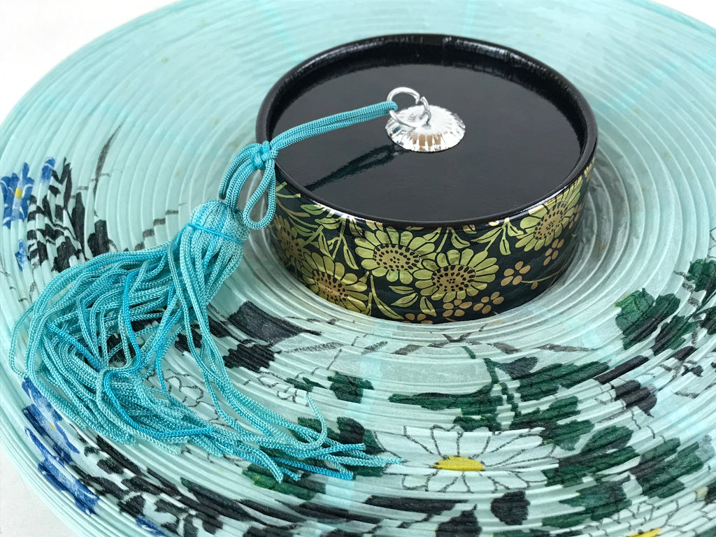 Japanese Paper Hanging Chochin Lantern Vtg Flowers Blue Tassel Black Gold LT72