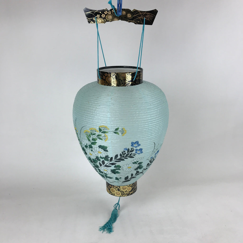 Japanese Paper Hanging Chochin Lantern Vtg Flowers Blue Tassel Black Gold LT72